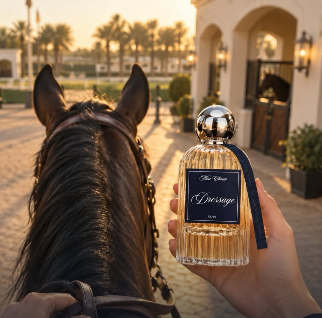 Hand holding a bottle of Mori Charm Dressage above a horse's mane at sunset
