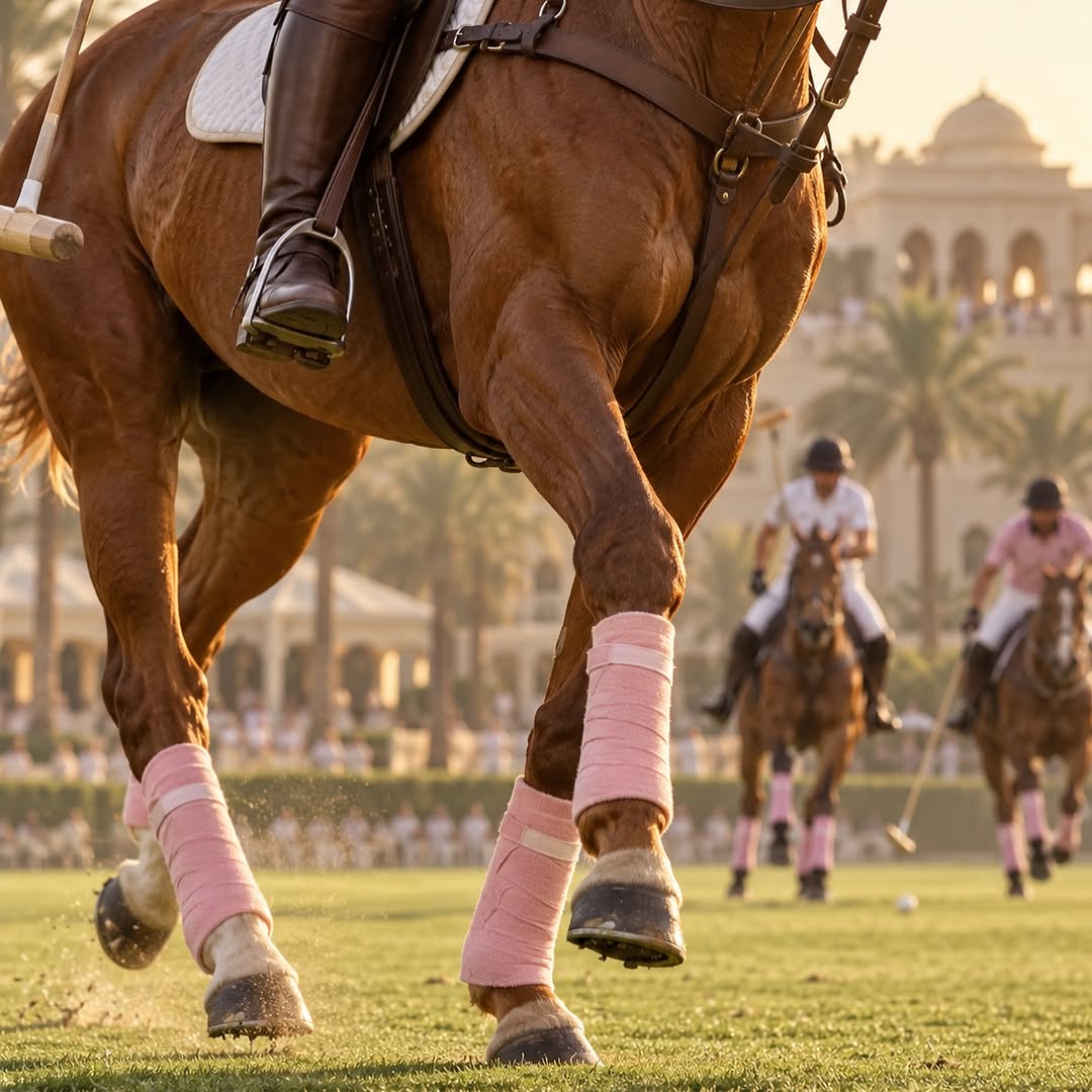 Polo horse with pink leg wraps