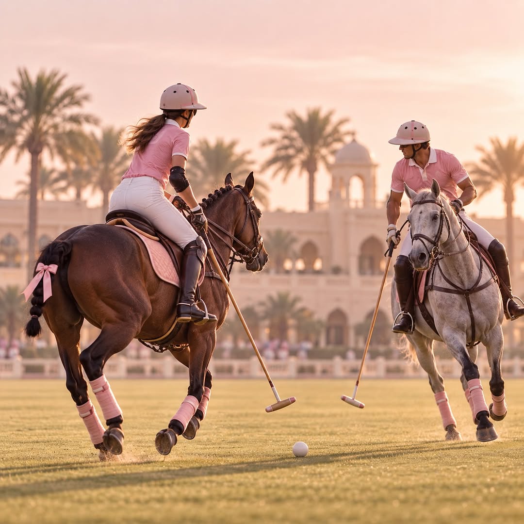 Polo players in pink at sunset