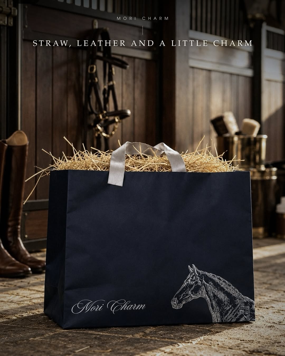 Mori Charm bag on straw beside riding boots